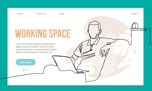 Coworking Space Landing Page Cartoon Template. Freelancers Team Working Online on Laptop