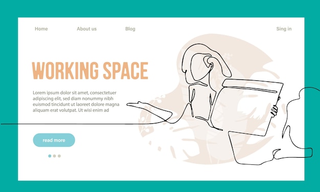 Coworking Space Landing Page Cartoon Template. Freelancers Team Working Online on Laptop