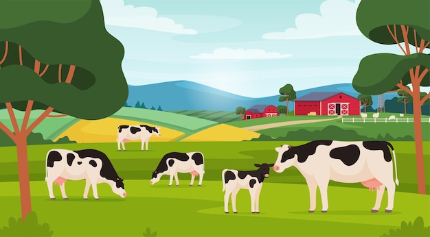 Vector cows graze in the field village pets milk production farm vector illustration