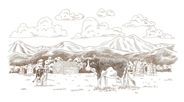 cows grazing on meadow. hand drawn farm land with barn illustration. rural landscape