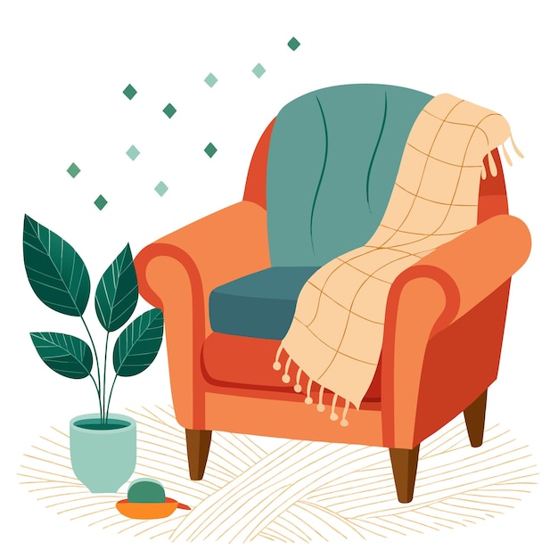 Vector a cozy armchair with a blanket a potted plant and a throw pillow on a striped rug