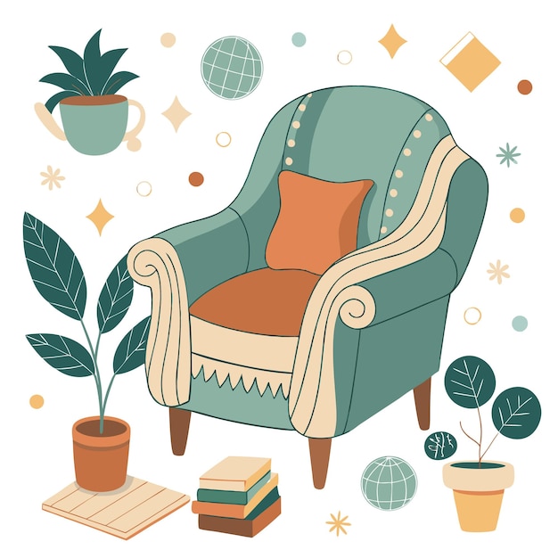 Vector a cozy armchair with a stack of books plants and decorative elements creating a comfortable and inviting atmosphere for reading or relaxation