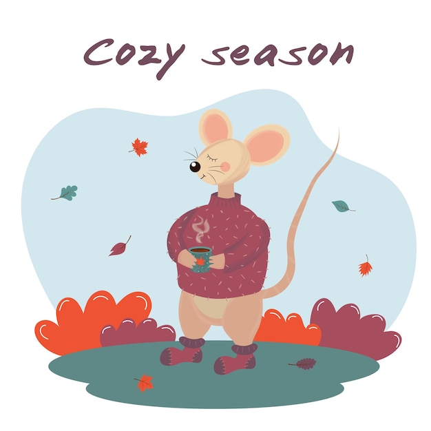 Cozy autumn card with mouse in warm sweater holding hot coffee mug Cozy season text Autumn mood