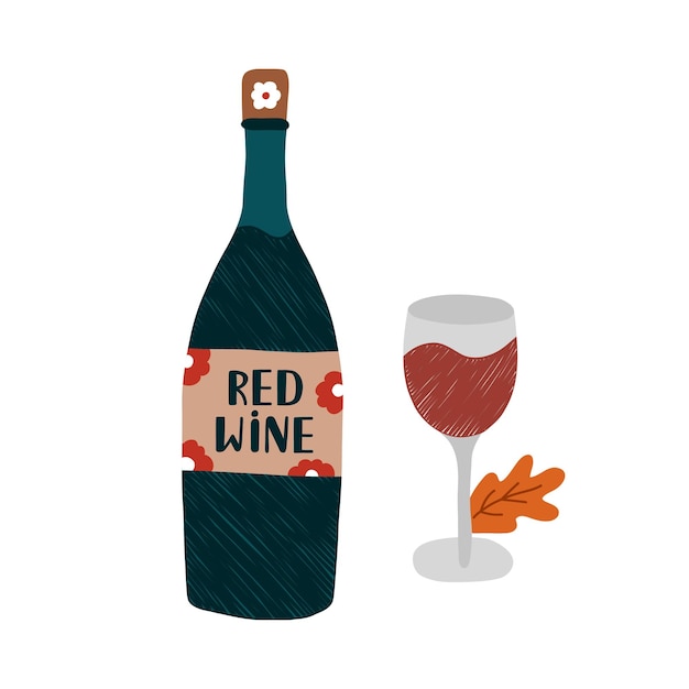 Cozy autumn clip art with seasonal drink Bottle and glass of red wine with cute label and a leaf Hygge hand drawn illustration isolated on background Can be used for fabric sticker scrapbooking