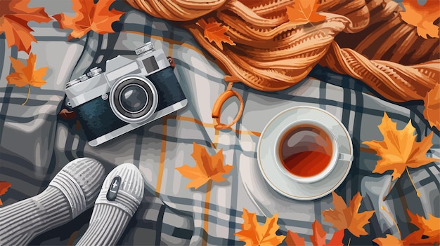 Vector cozy autumn composition with knitted socks and cup