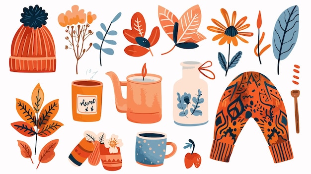 Vector cozy autumn home illustration set with scandinavian elements