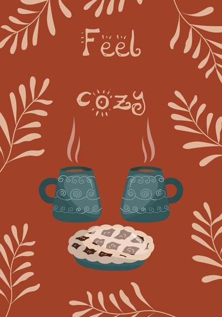 Vector cozy autumn items cocoa two cocoa mugs with pie on a brown background with leaves and the