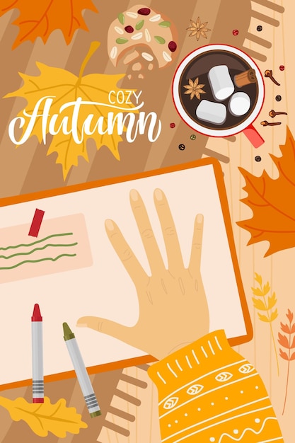 Cozy Autumn romantic concept with creative notebook, hot drink, cookies, girl hand, Autumn leaves