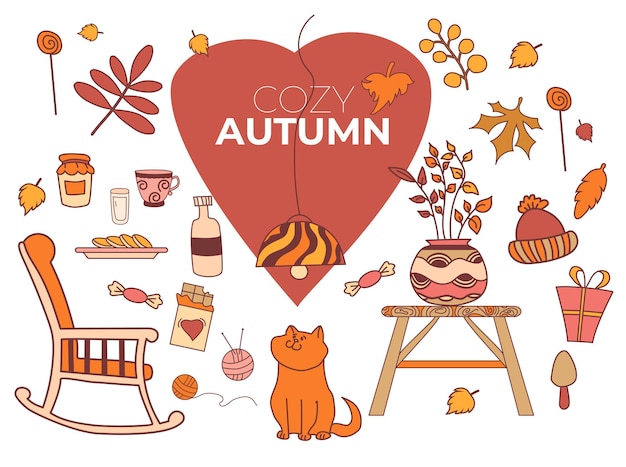 Cozy autumn Set of autumn drawings Cat leaves mushrooms candies chocolates and dishes  autumn decor