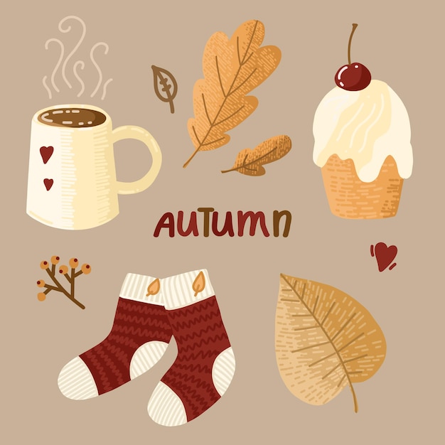 Cozy autumn Set of cute autumn elements knitted socks warming drink cake autumn leaves