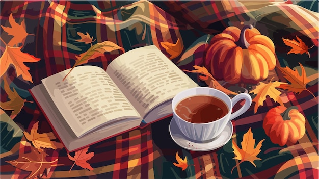 Cozy Autumn Still Life with Book and Cup of Tea on Warm Plaid