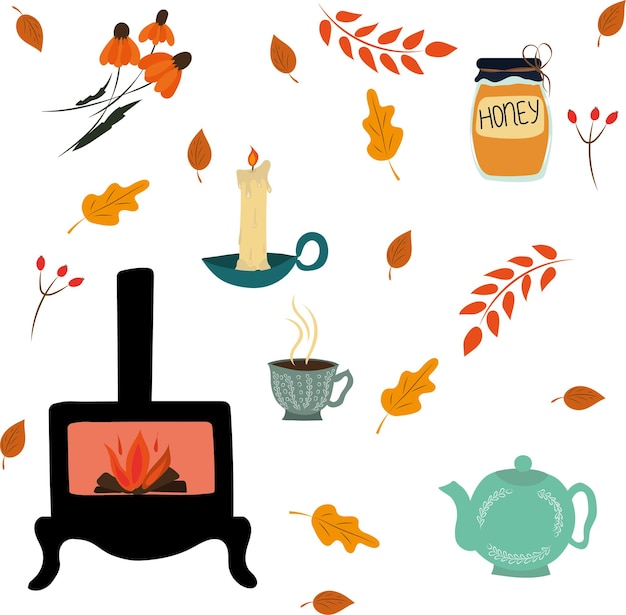 Cozy autumn. Vector set. Fireplace, tea, autumn evening.
High quality vector image.