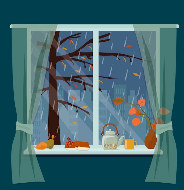 Cozy autumn window Rain city A book a cup of tea a vase with physalis on the windowsill