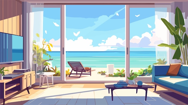 Vector cozy beachfront living room interior with ocean view