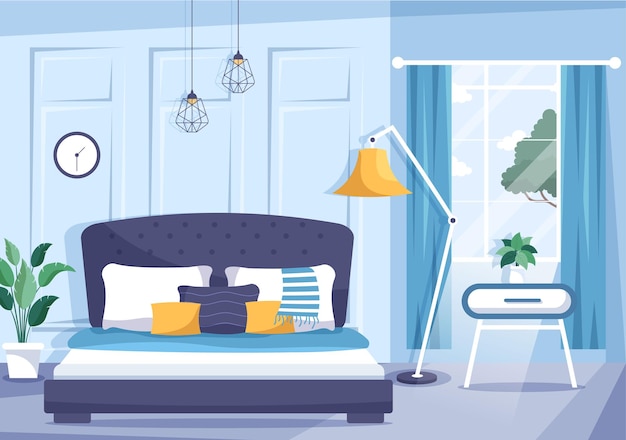 Cozy Bedroom Interior with Furniture Like Bed Wardrobe Modern Style in Cartoon Vector Illustration