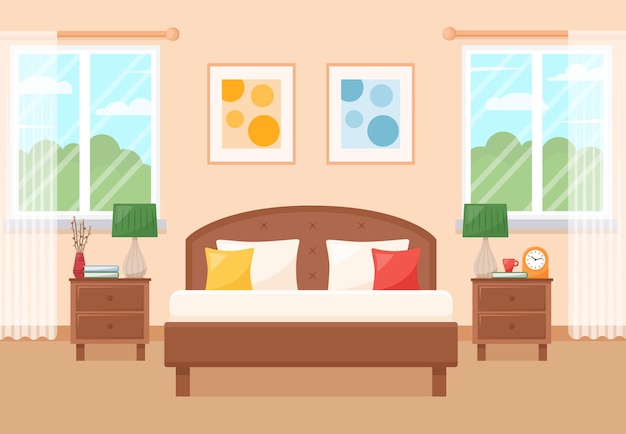 Cozy bedroom interior with furniture and windows Vector illustration