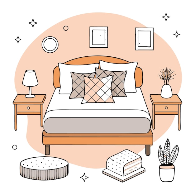 Vector a cozy bedroom with a bed nightstands lamps pillows a plant and a footstool