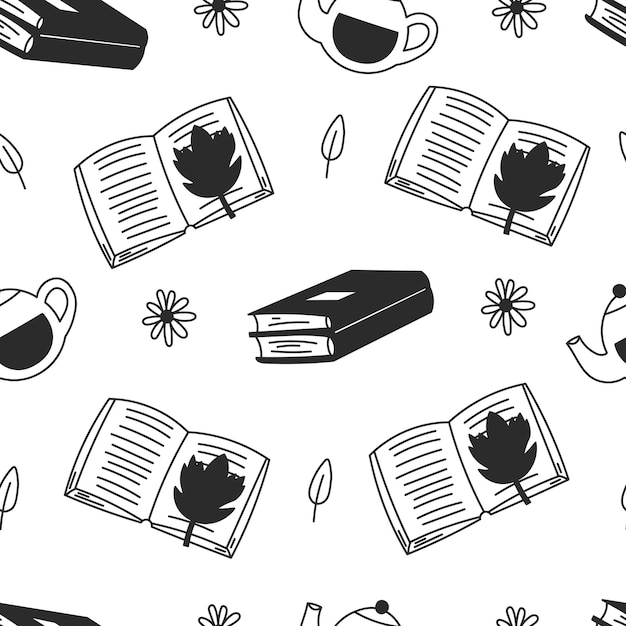 Vector cozy book and tea doodle seamless pattern with flower and leaf vector illustration