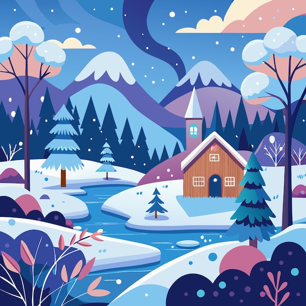 Vector cozy cabin in snowy mountain landscape with river