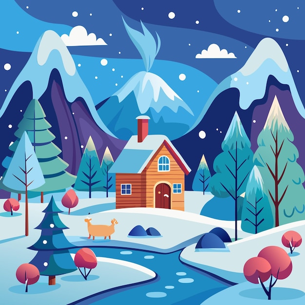 Vector cozy cabin in snowy mountains with a river