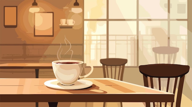 Vector cozy cafe scene with hot coffee cup on table vector illustration