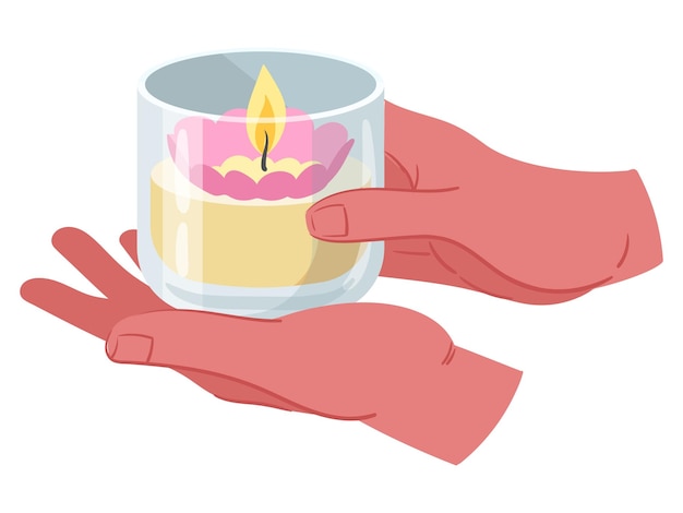 Cozy candle in hands cartoon hand holding candle flat vector illustration on white background