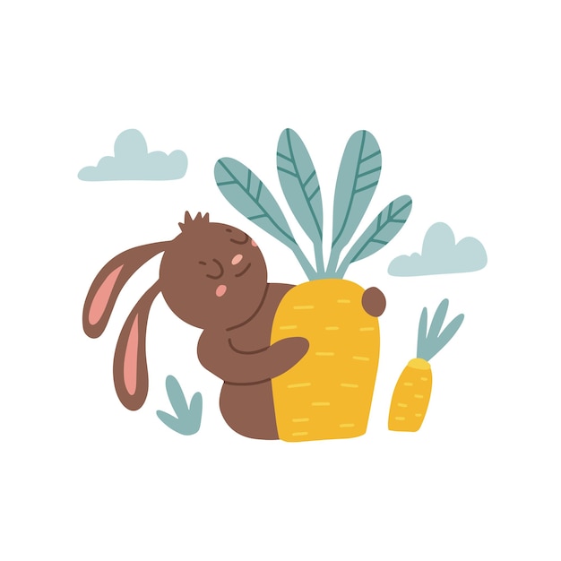 Cozy cartoon rabbit carrying big carrot harvest warm autumn season vector flat hand drawn illustrati