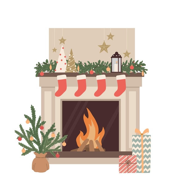 Cozy Christmas fireplace with christmas tree wreath socks candle gift boxes. New year, Xmas holidays