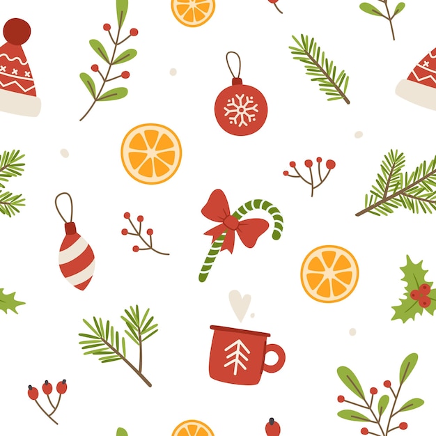 Cozy christmas pattern with plants and festive decor.