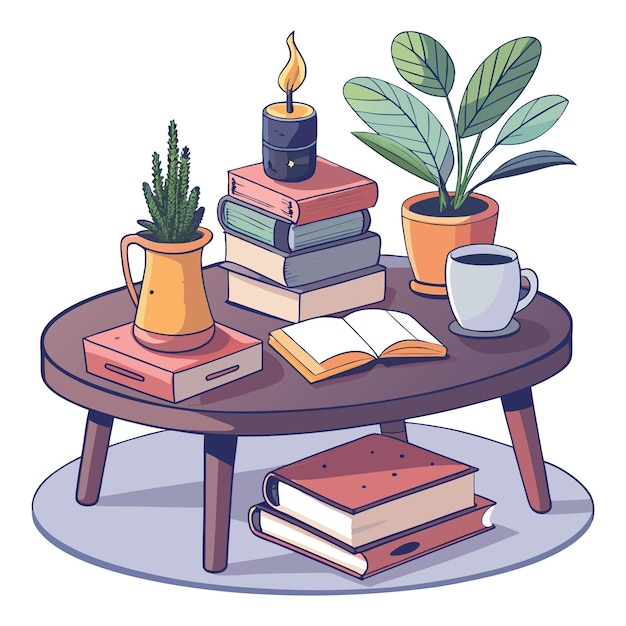 Cozy coffee table with books plants and a lit candle