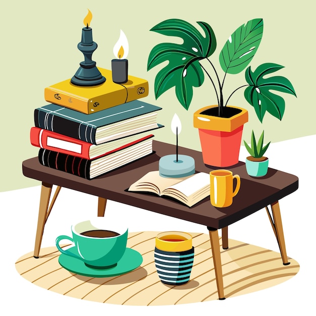 A cozy coffee table with a stack of books candles a potted plant and two cups of coffee