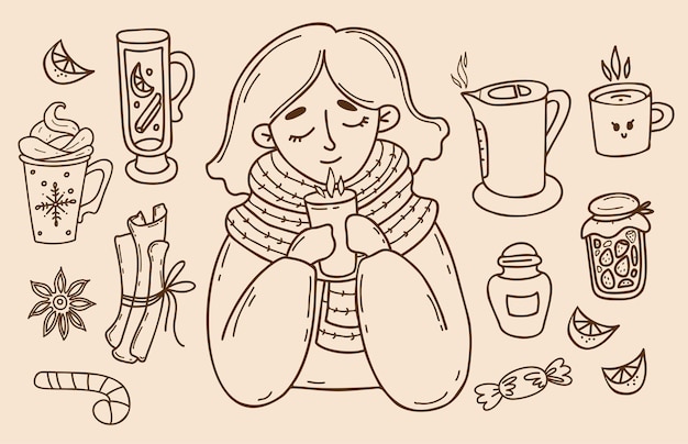 Cozy collection Cute girl wrapped in scarf is warming herself and enjoying hot drink doodles