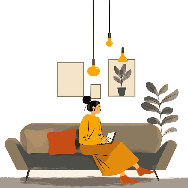 Vector cozy comfort vector illustration of a woman sitting on a sofa