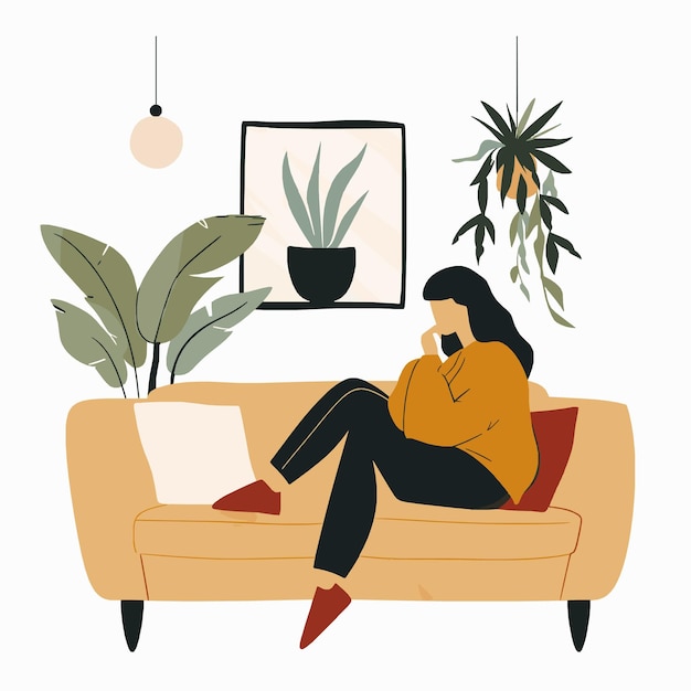 Vector cozy comfort vector illustration of a woman sitting on a sofa