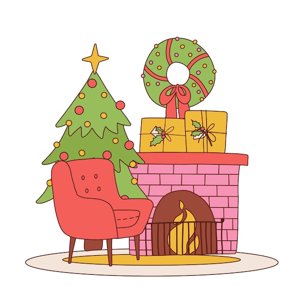 Cozy composition with fireplace red armchair christmas tree wreath and pile gifts christmas backgrou