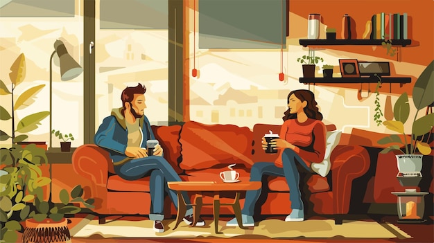 Cozy Couple Enjoying Coffee in Modern Living Room Vector Illustration