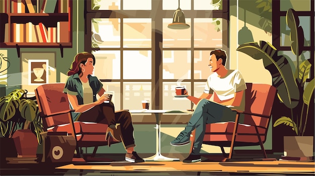 Cozy Couple Enjoying Coffee in Modern Living Room Vector Illustration