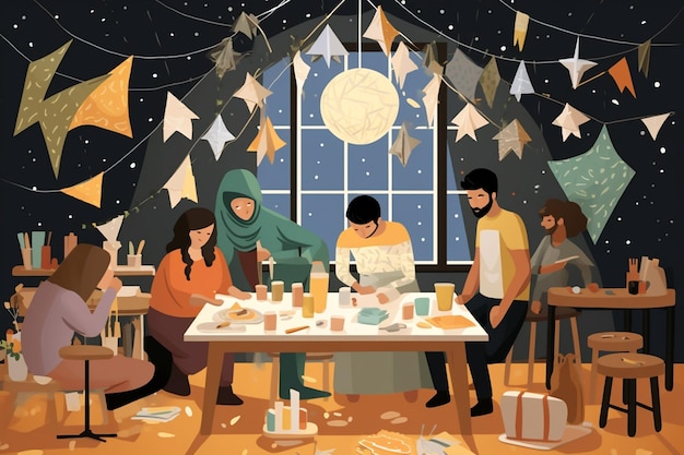 Vector cozy creative scene with family involvement