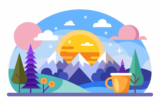 A Cozy Cup of Coffee Against a Mountain Sunrise Landscape