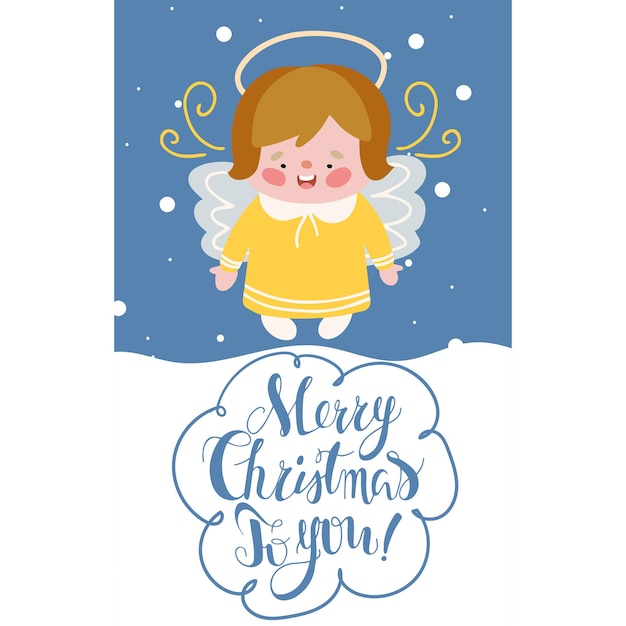 Cozy cute greeting card with a picture of a little angel and a decorative composition of words, lettering. Vector illustration in cartoon style for postcard printing or digital use.