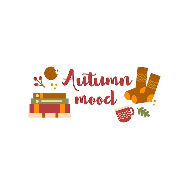 Cozy fall season vector composition Inscription Autumn mood with cute decorative elements Socks books cup cookie berries