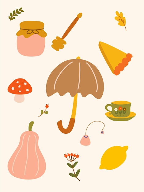 Cozy fall set with fall things and food vector illustration