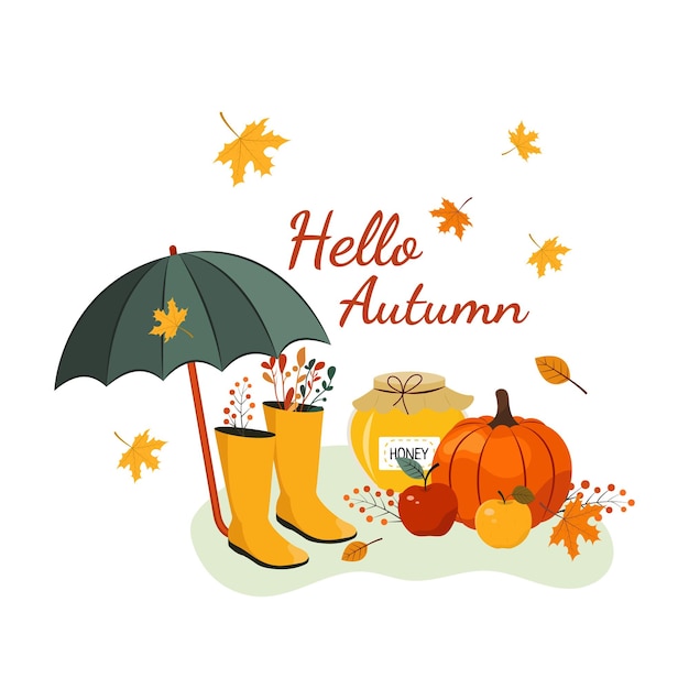 Vector cozy fall vector illustration hello autumn lettering umbrella rubber boots honey pumpkin apples