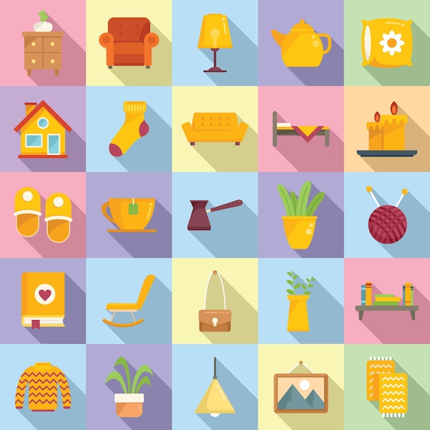 Cozy home icons set flat vector. Stay care. Self quarantine