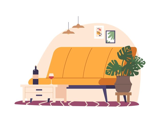 Vector cozy home interior features a plush sofa as the centerpiece with a wine bottle and glass set on a side table creating an inviting ambiance house or hotel apartment cartoon vector illustration