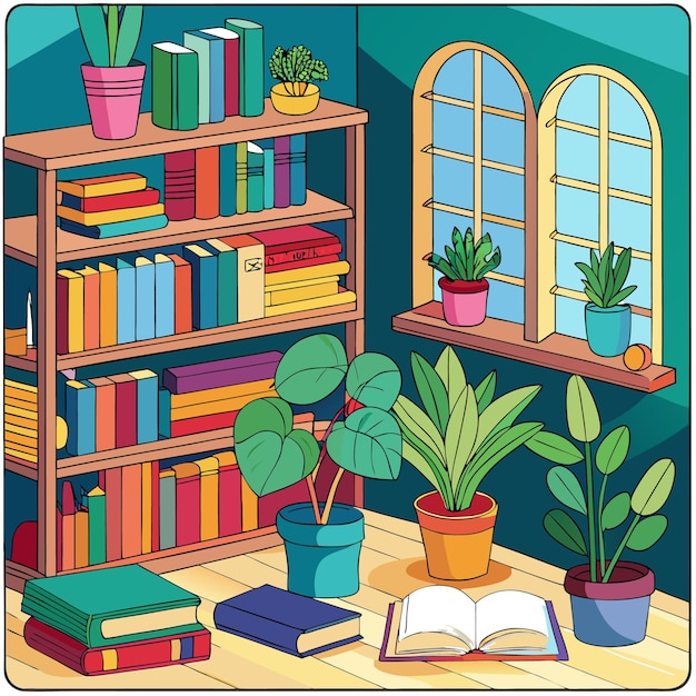 Vector a cozy home library with books plants and an open window