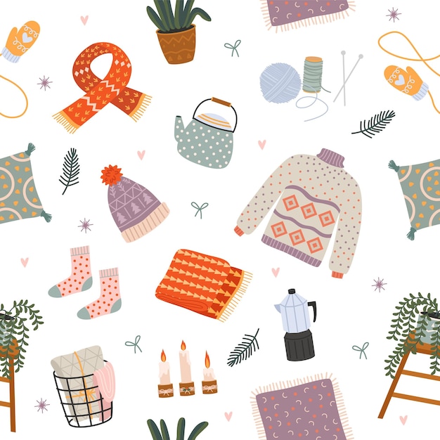 Cozy home objects seamless pattern. Comfortable atmosphere interior elements, lovely hugge warm things, cozy mood rustic decor. Decor textile, wrapping paper wallpaper vector texture print or fabric