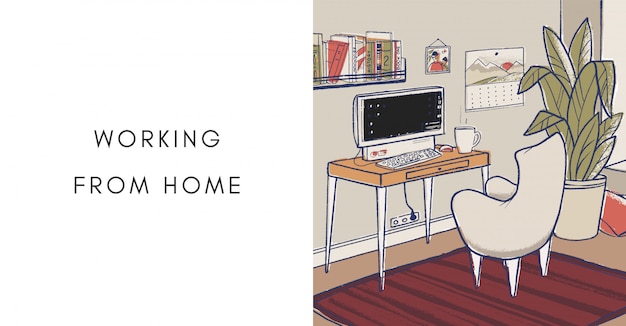 Cozy home office  illustration. Cute interior for working from home.