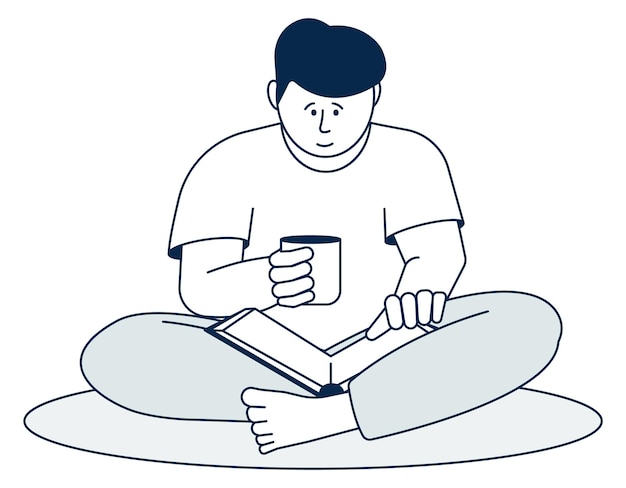 Cozy home reading Young man with hot drink