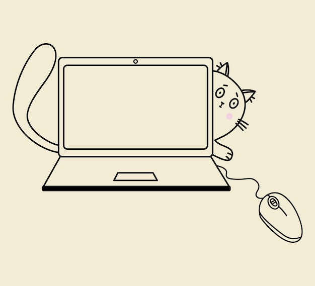 Cozy home Scared cat looks out from behind laptop Vector outline black line